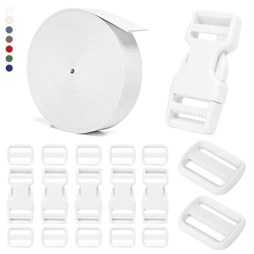 BEYOURD Buckle and Strap Set 10 Yards Polyester Webbing Strap with 6 Dual Adjustable Side Release Plastic Buckles 12 Pieces TriGlide Slider Clips for Custom Projects Everyday Series 1 Inch White