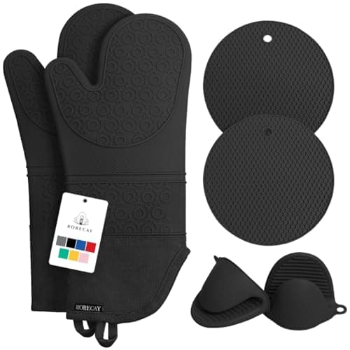 Rorecay 6pcs Oven Mitts and Pot Holders Sets Heat Resistant 500 Degrees, Extra Long and Non-Slip Silicone Oven Gloves Potholders Hot Pads for Kitchen Baking Cooking, Quilted Liner, Black