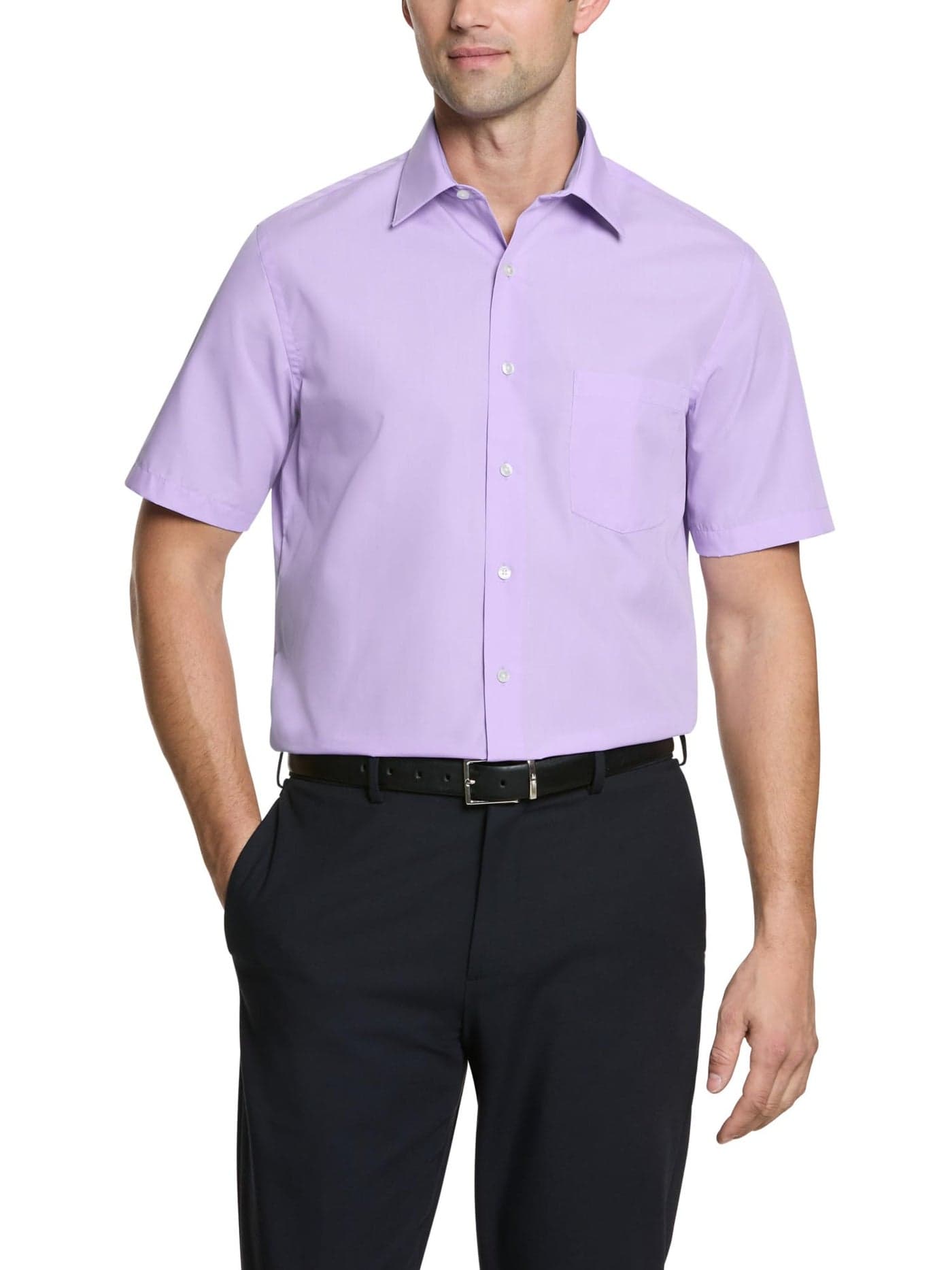 Van Heusen Men's Short Sleeve Dress Shirt Regular Fit Poplin Solid, Lavender, 18.5" Neck