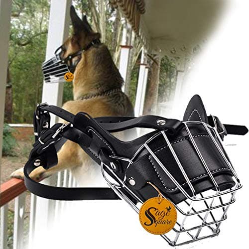 Sage Square Adjustable Strap Iron Wire Muzzle, Mouth Cover, Basket Cage, Pet Safety Collar for Anti Biting Dog (Black) (Medium)