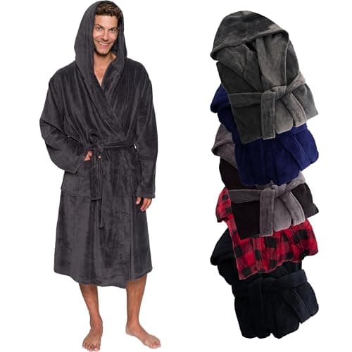 Ross Michaels Mens Robe Hooded Wrap Style - Mid Length Plush Fleece Bathrobe (Gray, Large/X-Large)