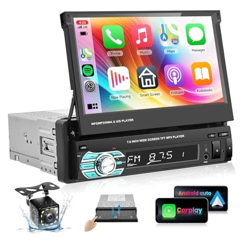Single Din Car Stereo Radio with AppIe Carplay Android Auto Airplay MirrorLinkPodofo 7inch 1080P Flip Out Car Radio Bluetooth FM Radio HD Backup Camera20 USBTF CardAUXin PortsSupport SWC