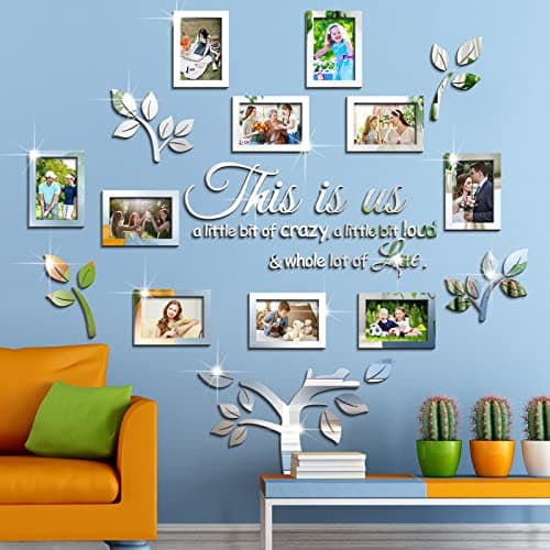 Yalikop Family Tree Wall Decor 3D DIY Mirror Stickers Family Tree Picture Frame Mirror Decal Acrylic Removable Wall Art This is Us Livingroom Home Picture Decorations for Kitchen Dining, 47 x 47''