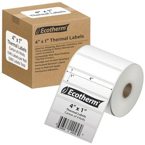 4" x 1" Thermal Labels | 4 Rolls | 5360 Labels | fits Zebra, Munbyn, Rollo, Godex, Arkscan, iDPRT, Offnova Thermal Label Printers and More | Blank White Adhesive Stickers by Ecotherm