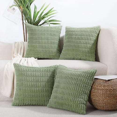 All Smiles Decorative Sage Green Throw Pillow Covers 20x20 Set of 4 Farmhouse Rustic Boho Home Decor Soft Plush Striped Corduroy Square Cushion Case for Living Room Couch Bed Sofa