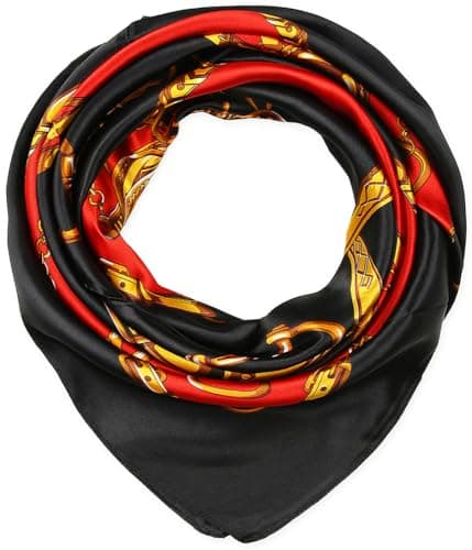 corciova 35 x 35 Ladies Satin Bandana Square Silk Like Hair Scarf Wrap Headscarf for Sleeping Black Red Chains Belts Bandana
