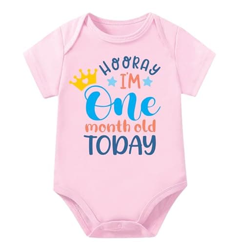 Lillypupp Kids Monthly Milestone One Month Birthday Unisex Cotton Baby Romper Bodysuit For New Born. 1 Month Baby Girl Boy Dress Clothes For Photoshoot. (0-3Months, Pink)