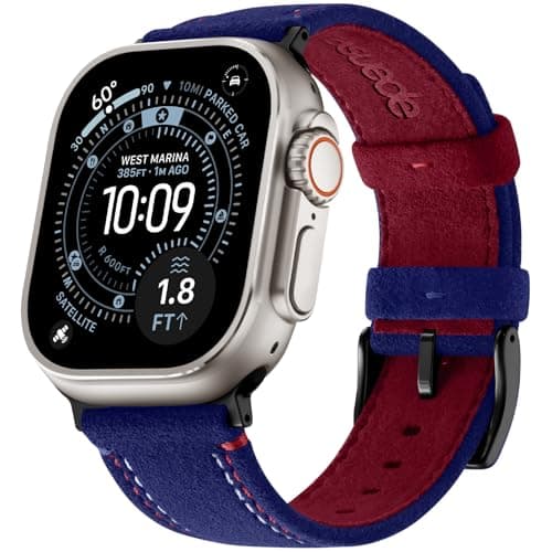 Bandletic Suede Leather Band Compatible with Apple Watch Bands for Men 49mm 46mm 45mm 44mm Women, Soft Retro Replacement Strap for iWatch Series 11 10 9 8 7 6 5 4 SE 3 2 1, Ultra 3 2 1, Blue/Red