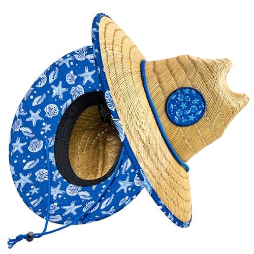 grinderPUNCH Lifeguard Hat Mens Straw Sun Hat for Beach, Outdoor, and Travel | UPF 50+ Sun Protection | Wide Brim Straw Beach Hat | Classic Sun Hat for Men and Women (Blue Nautical)