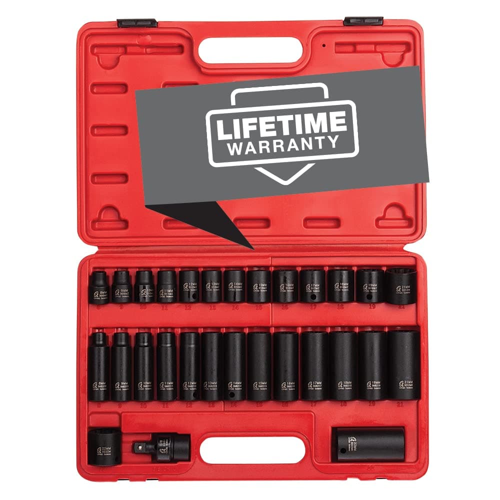 SUNEX TOOLS 3330 38 Inch Drive Master Impact Socket Set 12Point 29Piece Metric 8mm22mm StandardDeep CrMo Steel Heavy Duty Storage Case Includes Universal Joint