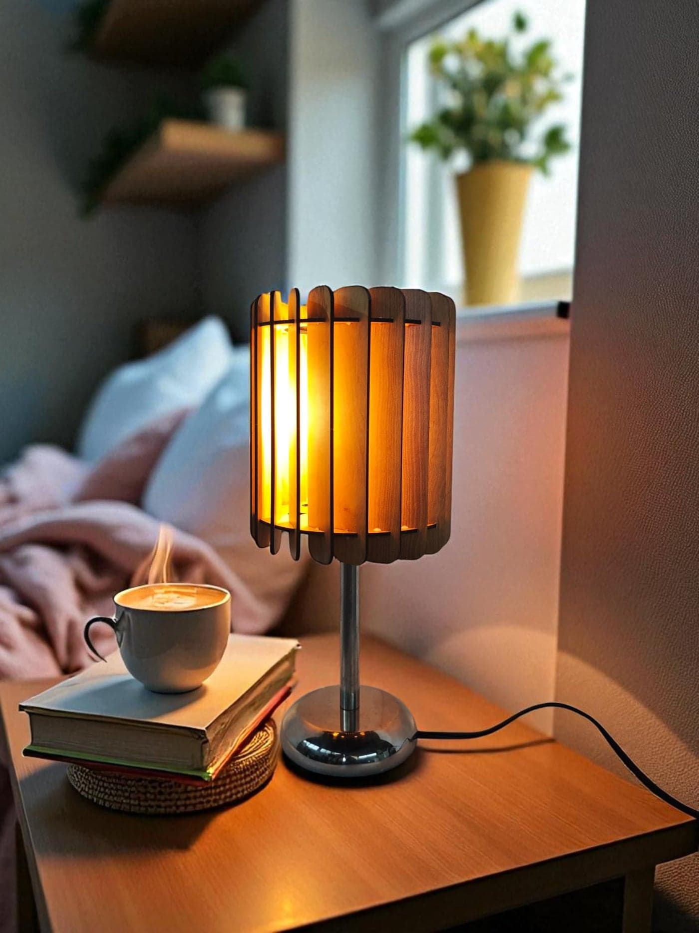 woodiography Wooden Table Lamp for homr Decoration, Modern Slatted Design, Ambient Lighting for Bedroom, Office, Dining Table lamp Included