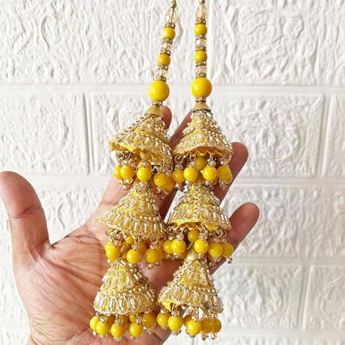 Adikala Craft Store Ethnic Nalki Cone Latkan Tassel Pack of 2 for Saree Pallu, Blouse, Suits, Dupatta, Lehenga Decor (Yellow 3Cone)