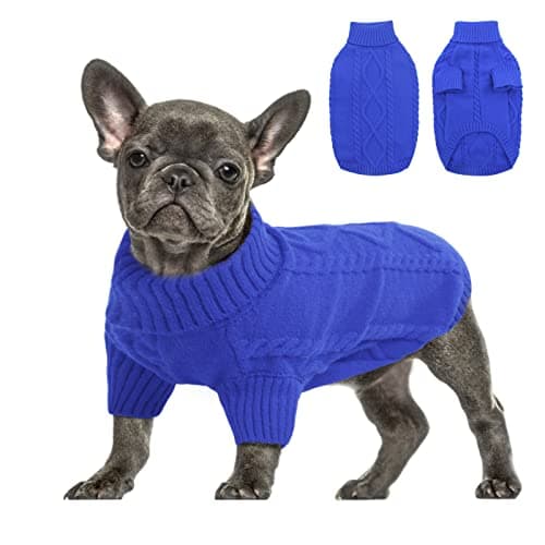 Queenmore Small Dog Pullover Sweater Cold Weather Cable Knitwear Classic Turtleneck Thick Warm Clothes for Chihuahua Bulldog Dachshund Pug Royal Blue Small