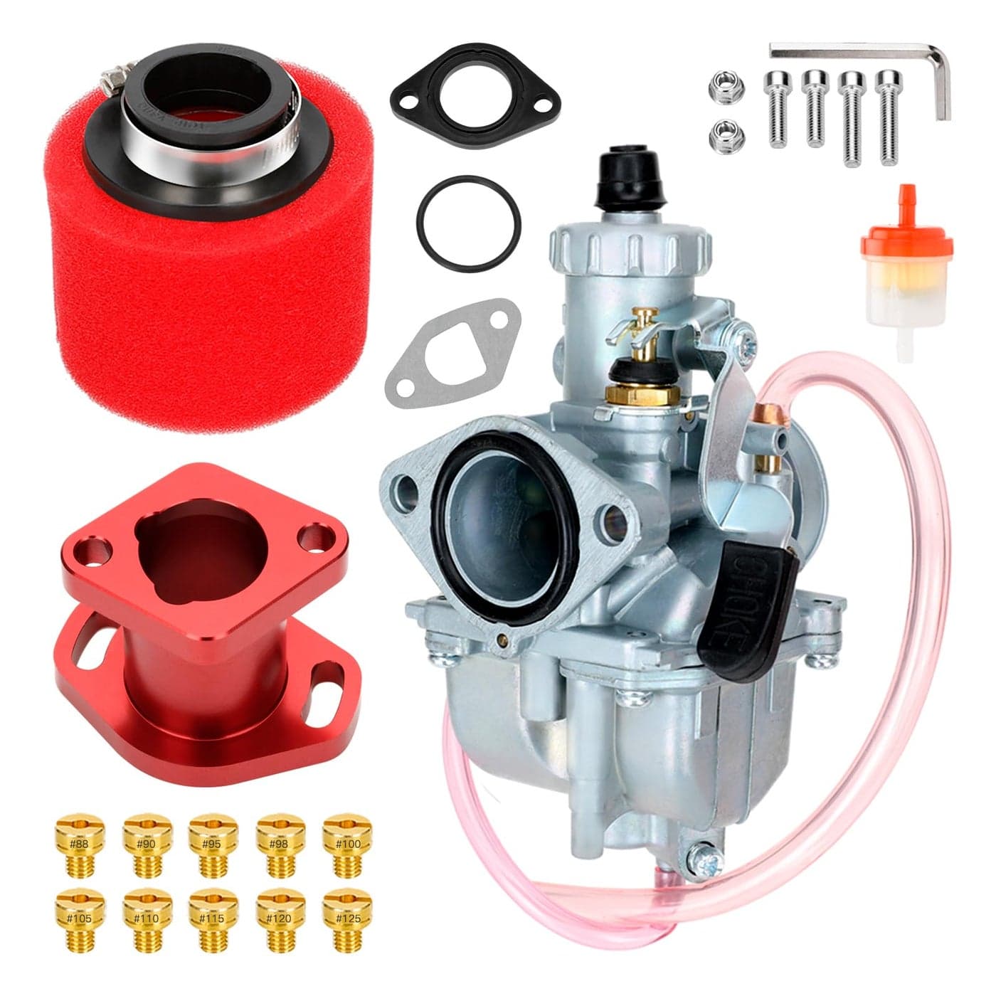 FVRITO VM22 Racing Performance Carburetor Carb for Predator 212cc 196cc Coleman CT200U BT200X KT196 Mini Bike Go Kart GX160 GX200 65HP OHV Clone Engine with Intake Manifold 38mm Air Filter Parts Red