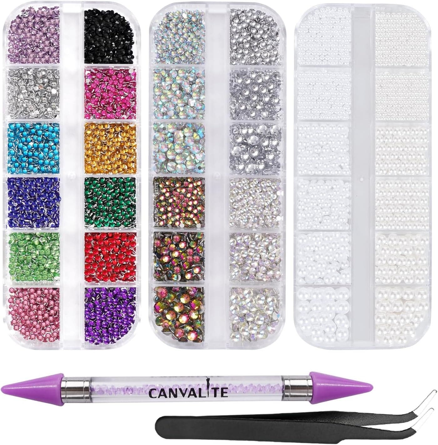 Canvalite 8000PCS Crystal AB Nail Art Rhinestones with Pick Up Tweezers Dotting Pen Flat Back Nail Gems for Nails Clothes Face Craft Nail Art Supplies Decorations