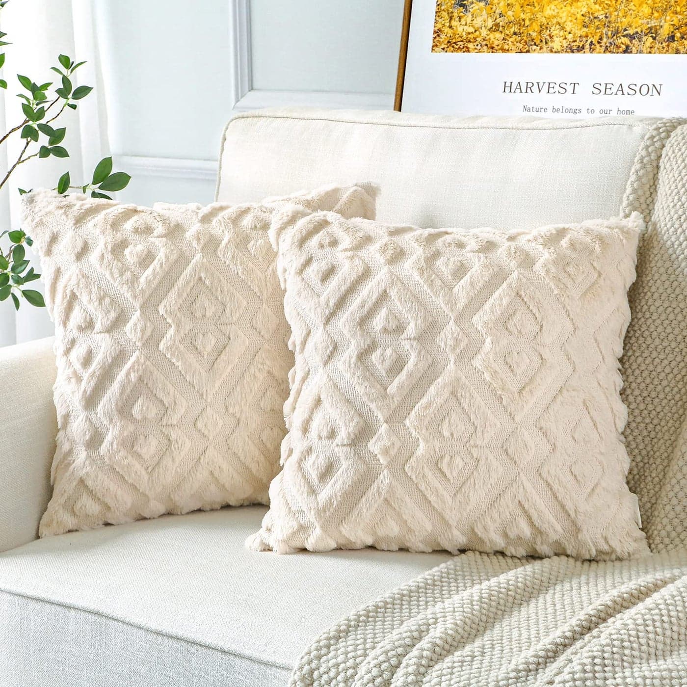 Artscope Pack of 2 Soft Plush Short Wool Velvet Decorative Throw Pillow Covers Luxury Style Cushion Covers European Pillow Shell for Sofa Bedroom Diamond Shape Cream Beige 20x20 Inch