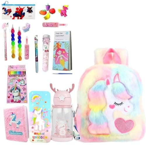 Taufa Villa Unicorn Stationery Combo Set – School Bag & Pencil Pouch for Girls | Birthday Gifts & Kanjak Gift Set | Includes Bag, Unicorn Pouch, Fur Diary, Papper soap, Slap Band
