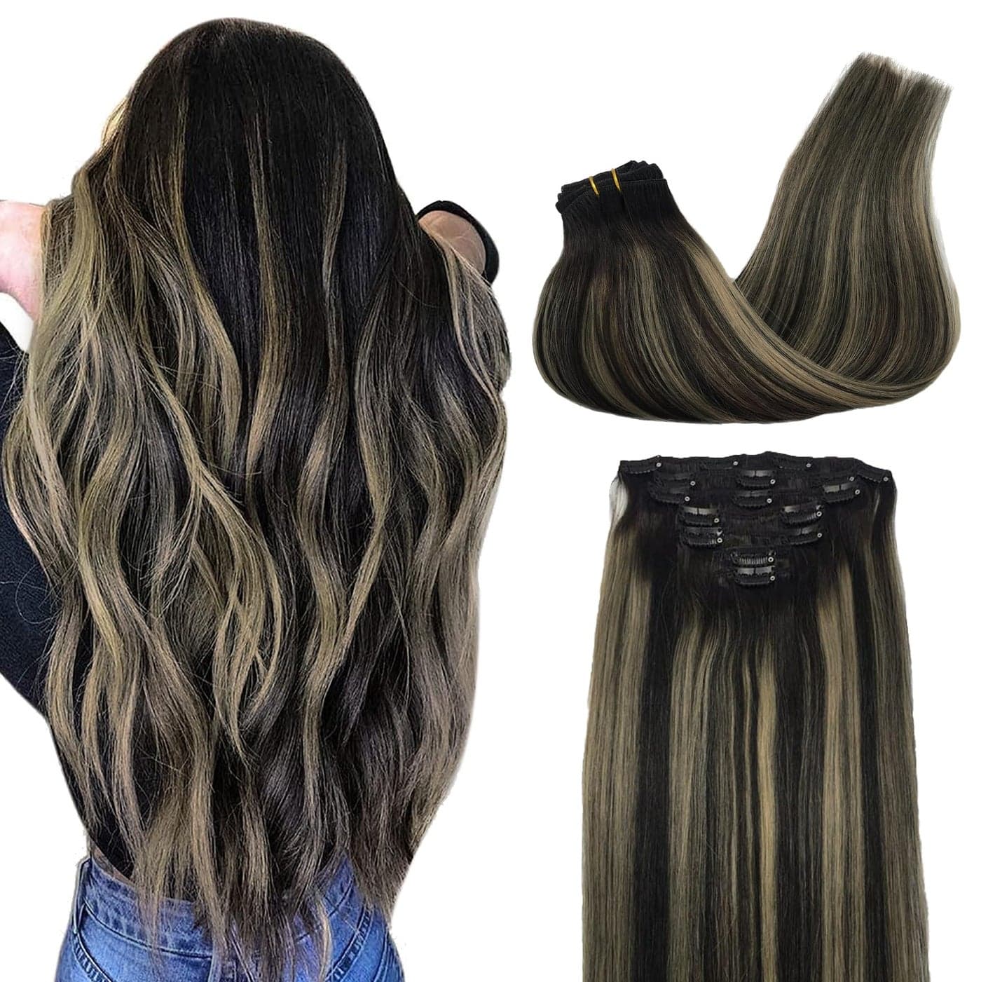 GOO GOO Clip in Hair Extensions Real Human Hair Remy Human Hair Extensions Clip ins for Women Natural Human Hair 14inch 120g 7Pcs 1B161B Balayage Natural Black to Light Blonde