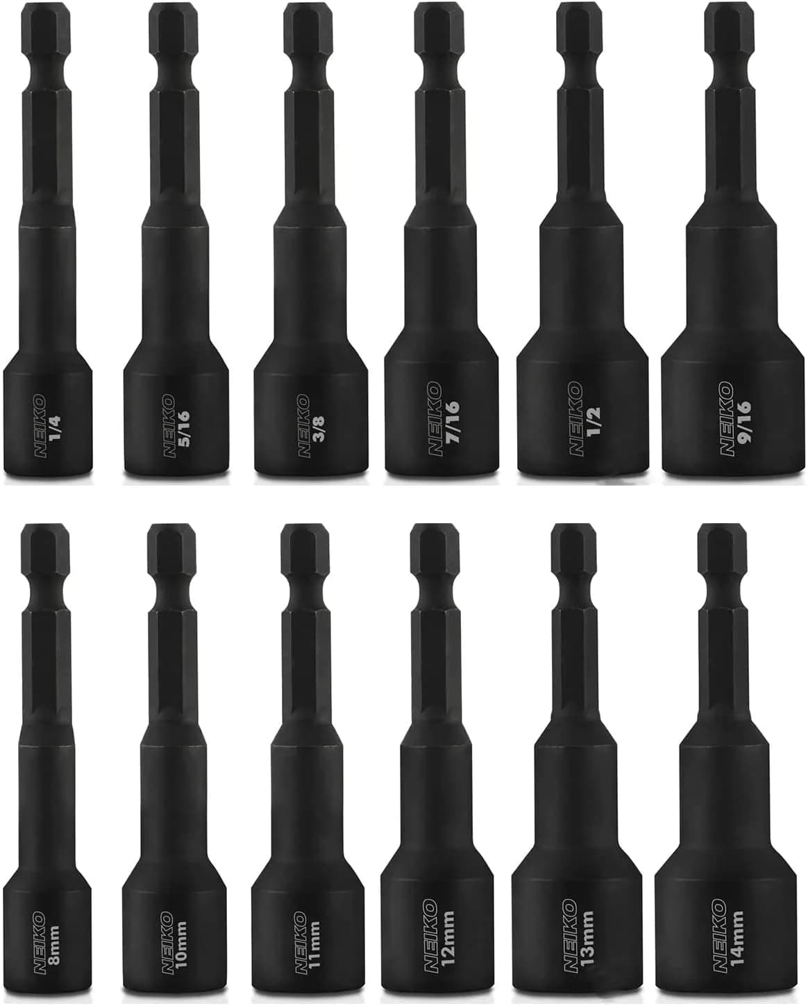 NEIKO 10250A Magnetic Hex Impact Nut Driver Set 12Piece Driver Bit Set for Drill CrV Steel 14 QuickChange Hex Shank Nutsetters Impact Rated SAE Metric Master Impact Driver Socket Set
