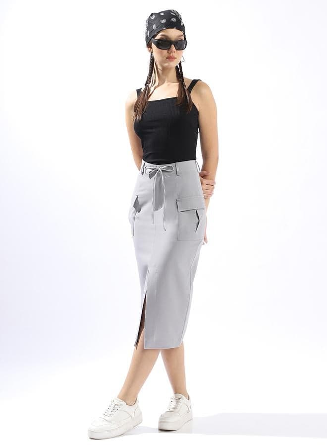Women High Rise Midi A-Line Korean Cargo Skirt