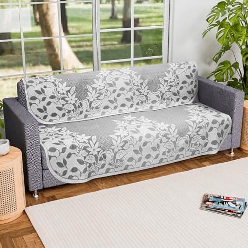 Kuber Industries 3 Seater Long Sheet Cotton Sofa Covers for Living Room | Washable & Removable Furniture Protector Slipcovers Floral Design - Grey