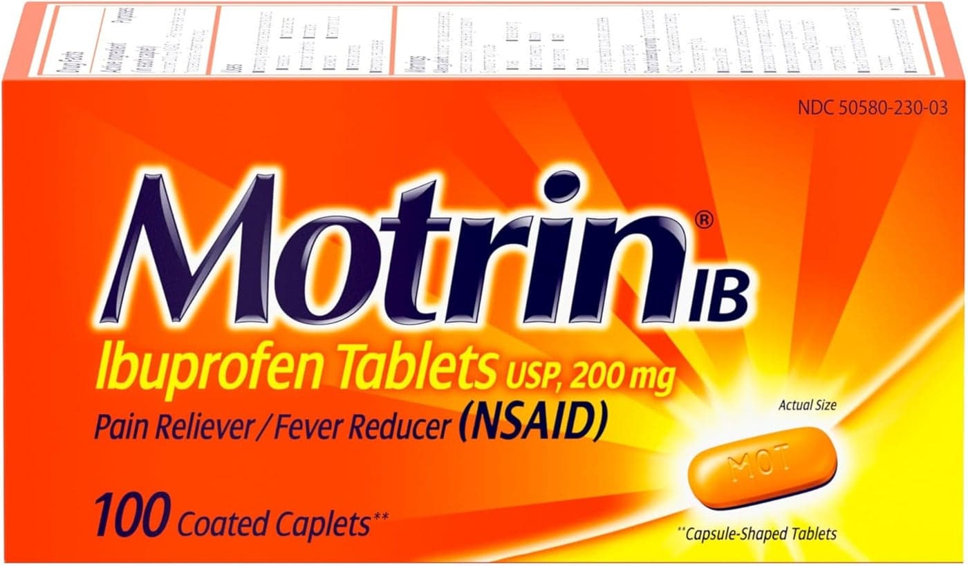 Motrin IB, Ibuprofen 200mg Tablets, NSAID Pain Reliever & Fever Reducer for Headache, Backache, Muscular Aches, & Menstrual Cramps, Over-The-Counter Pain Relief Medicine, 100 ct