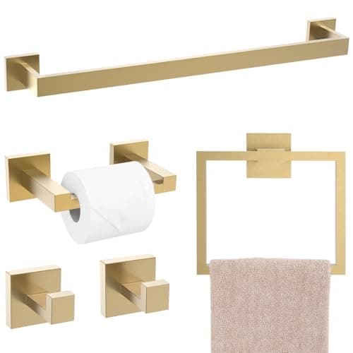 TQKAG Brushed Gold Bathroom Hardware Accessories Set 5 Pieces, Double Post Pivoting Toilet Paper Holder Set Stainless Steel Square Bathroom Towel Bar Holder Set Wall Mounted