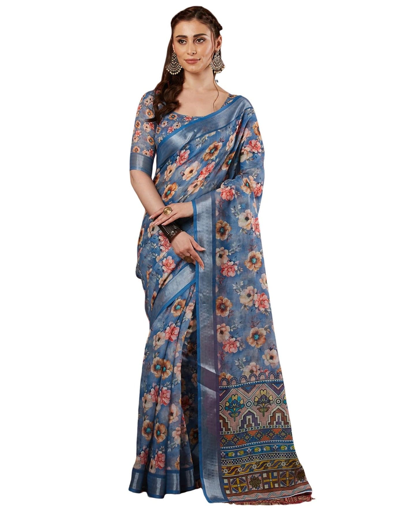 SIRIL Women's Cotton Linen Printed Saree with Unstitched Blouse Piece (4403S384_Blue)