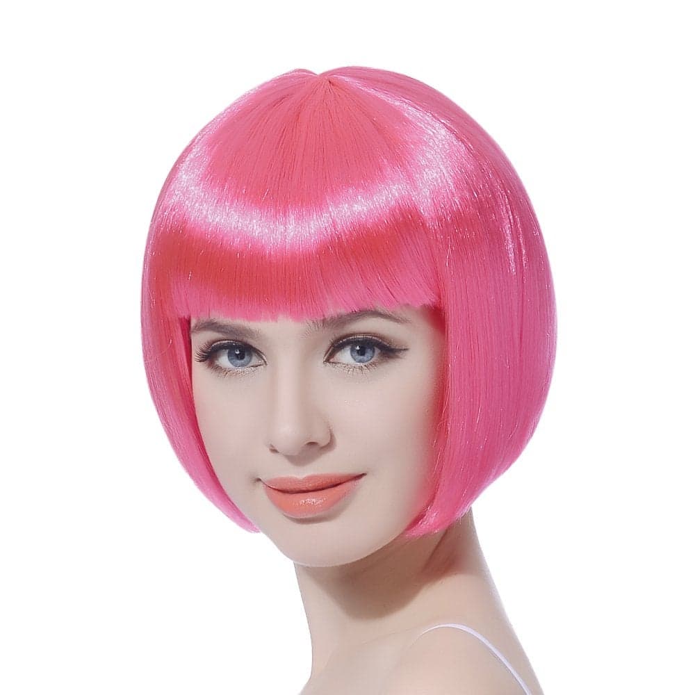 FREE BEAUTY Pink Short Bob Cosplay Flapper WigStraight Synthetic Womens Natural Looking Halloween Party Christmas Bangs Costume Wigs