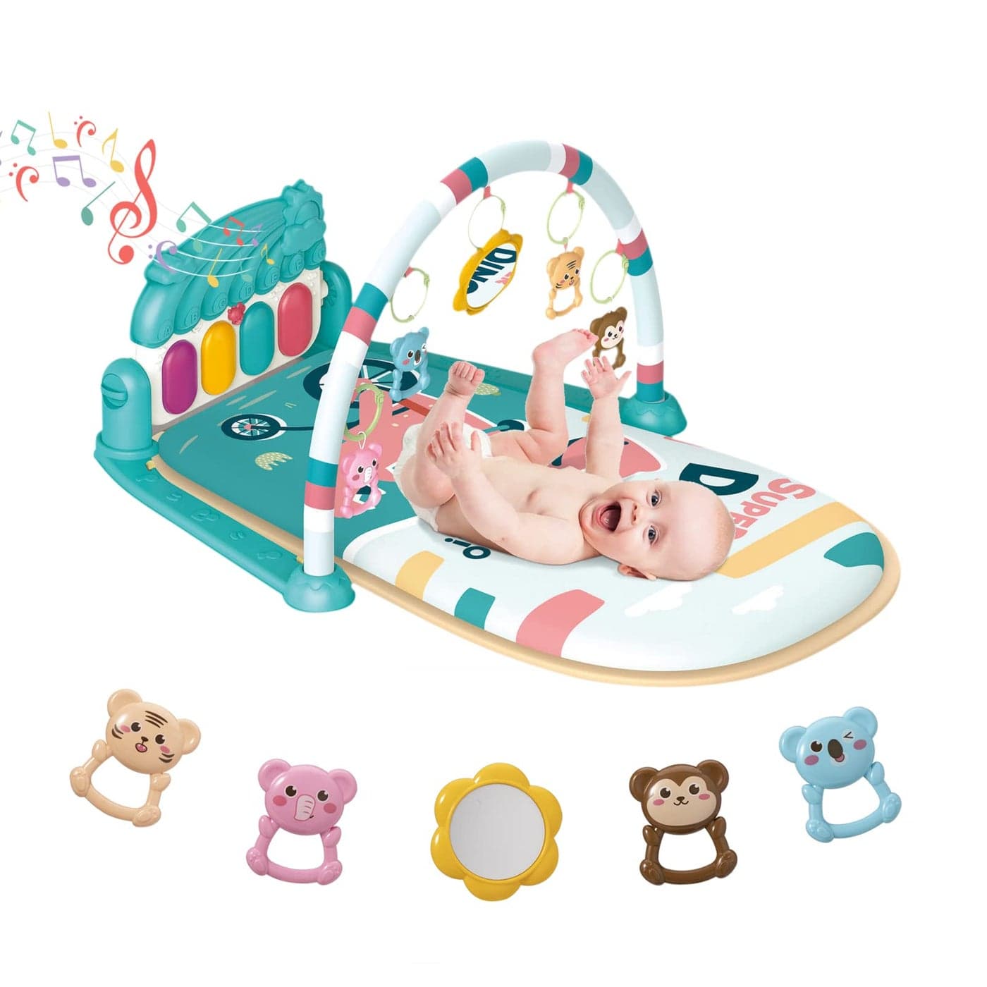 Dearlomum Baby Play Mat Gym Piano Tummy Time Activity Mat with 5 Sensory Toys Music Lights Boy Girl Gifts for Newborn to 12 Months Blue