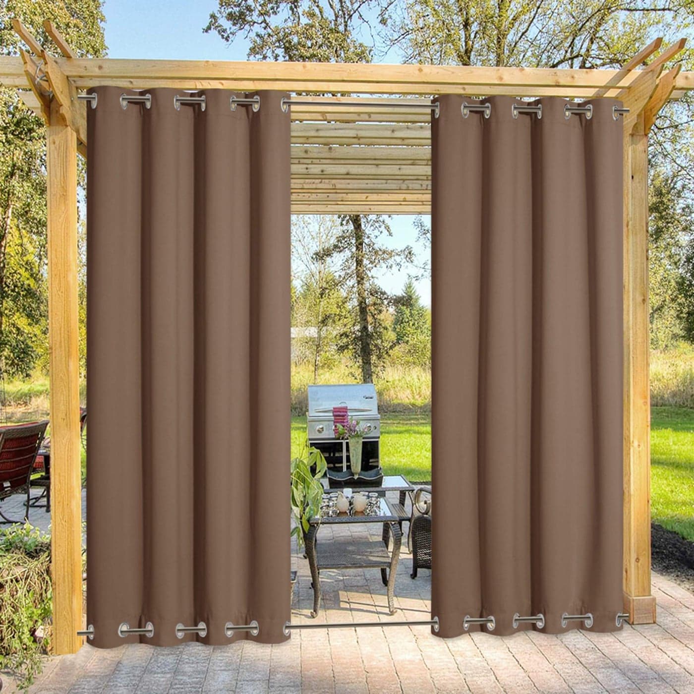 NICETOWN Outdoor Curtain for Patio Waterproof Thermal Insulated Top and Bottom Grommets Blackout Indoor Outdoor Drape Windproof and Keep Privacy for Pergola 1 Panel W52 x L95 inch TanKhaki