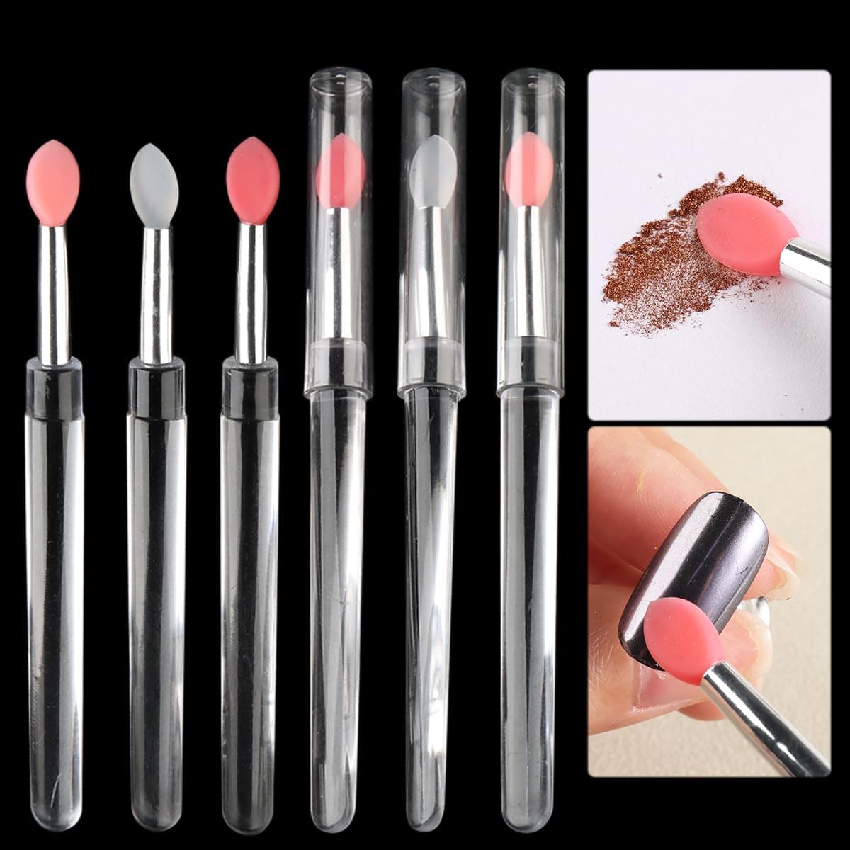 6Pcs Chrome Nail Powder Applicator Brushes Silicone Head Nail Art Brushes With Cover Reusable Nail Glitter Powder Pigment Pen Brush Nail Art Applicator Tools Lip Eyeshadow Makeup Stick