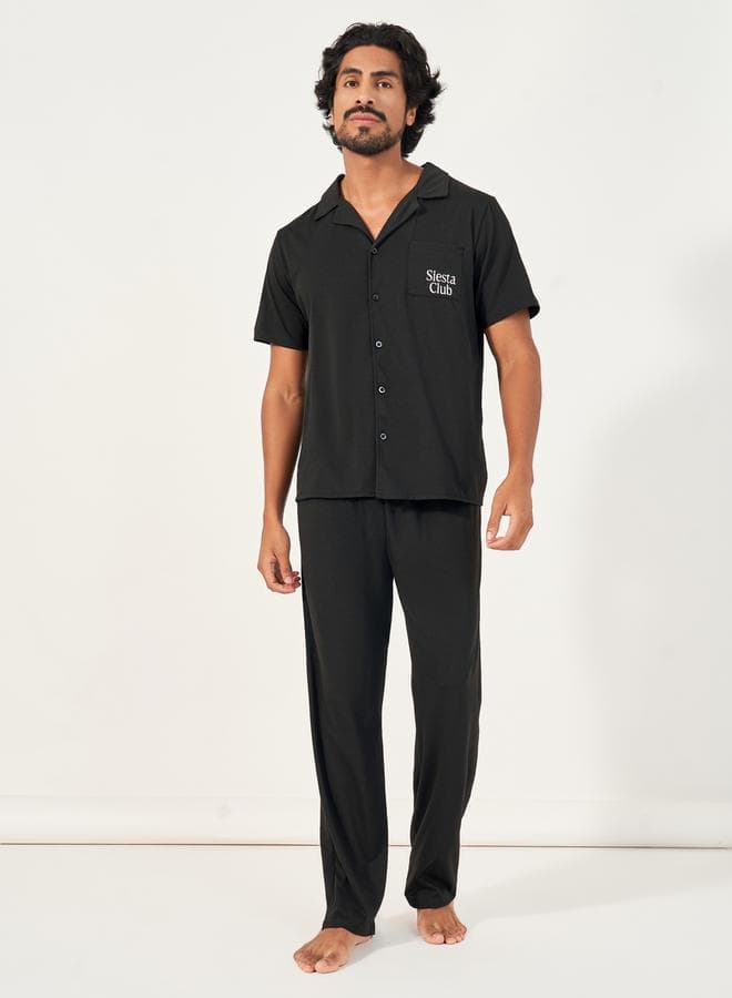 Printed Pocket Short Sleeve Shirt & Open Hem Pyjama Set