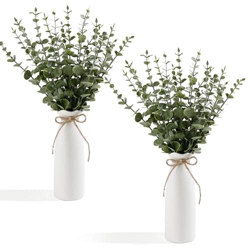 19" Fake Plants with Vase,40 Faux Eucalyptus Stems 2 White Ceramic Vases Realistic Artificial Plants indoor Artificial Greenery Stems in Vases for Centerpieces Bathroom Bedroom Modern Farmhouse Decor