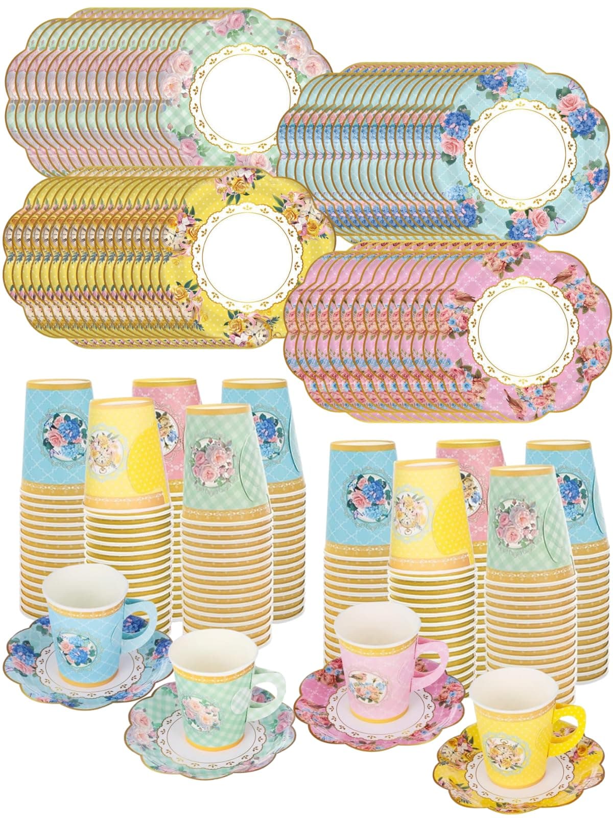 Glazeal 128pcs Floral Paper Tea Cups with Handle & Saucers Set, 64 Sets Disposable Tea Cup Saucer Set for Cold & Hot Drinks Serves 64 for Tea Party Wedding Baby Shower Party Supplies