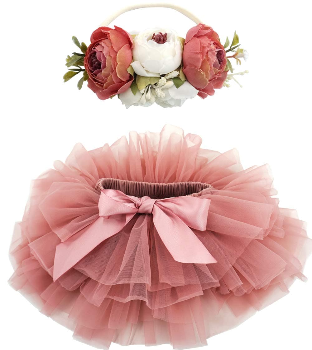 BGFKS Baby Girls Soft Fluffy Tutu Skirt Sets For Toddler with Diaper Cover Flower Headband Dusty Rose