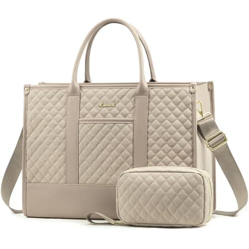 LOVEVOOK Laptop Bags for Women, 15.6 inch Waterproof Work Tote Bag with Clutch, Professional Teacher Computer Purse Lightweight Shoulder Bag Travel, Beige