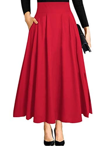 Red Skirt Women Faldas de Mujer Elegantes Maxi Long Summer High Waisted Pleated A Line Ladies Skirts with Pockets Below Knee Length L