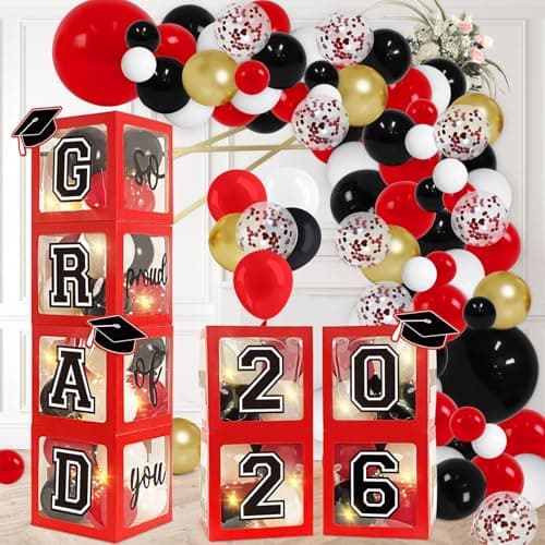 DAZONGE Graduation Decorations 2026 Set of 4 Red Grad Balloon Boxes with 139pcs Balloon Arch Garland Kit 4 Light Strings So Proud of You 2026 Graduation Decorations for Any Grades