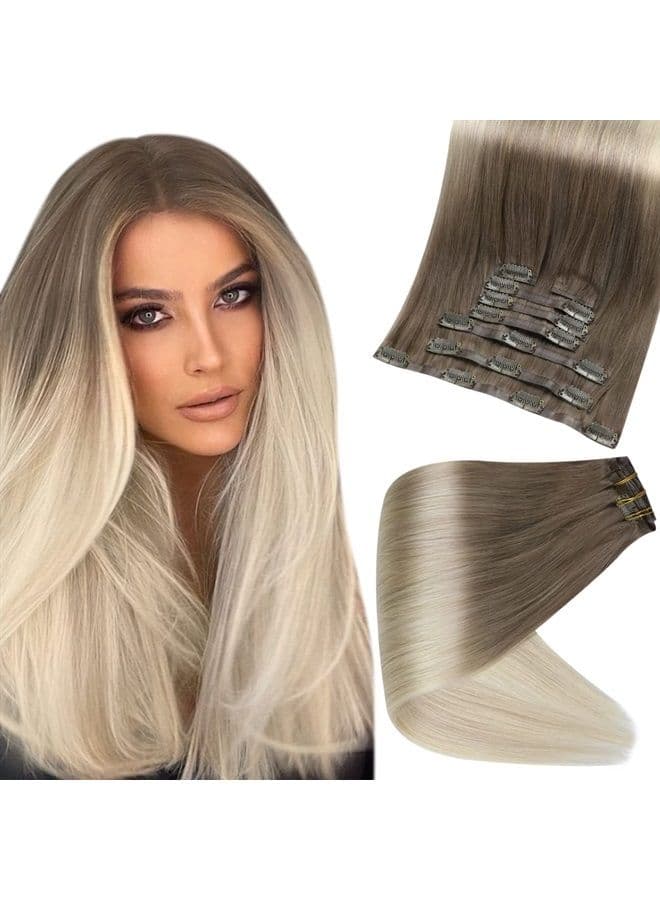 Blonde Hair Clip in Human Hair Extensions Ash Brown Balayage to Platinum Blonde Pu Clip in Hair Extensions Invisible Blonde Natrual Remy Hair Silky Straight 120 Grams 16 Inch