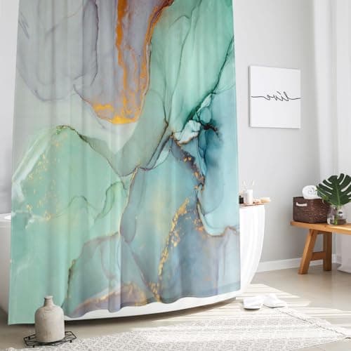 Gibelle Long Fabric Shower Curtain 72 x 78 Tall Abstract Marble Shower Curtains for Bathroom Blue Green Purple Jade Texture Gold Stripes Ombre Ink Art Decor Bathroom Curtains Shower Set with Hooks