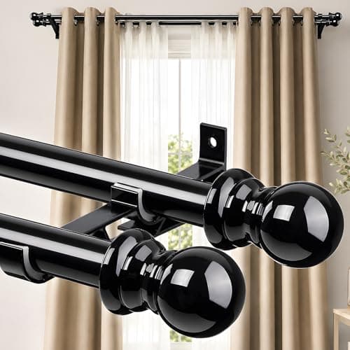 Double Curtain Rods For Windows 1 Inch Heavy Duty Drapery Rod Set 2860 Adjustable with Brackets Sturdy Decorative Curtain Pole For Sheer Blackout Curtains And DrapesBlack