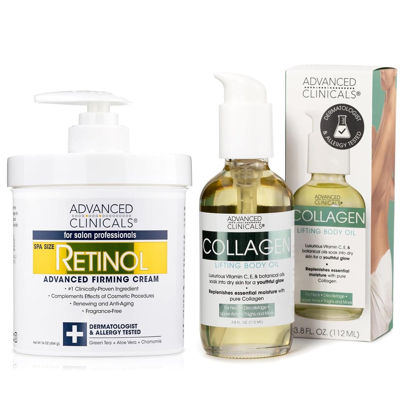 Advanced Clinicals Retinol Body Lotion Firming Collagen Body Oil 2pc Set Fragrance Free Retinol Face Lotion Collagen Massage Body Oil Retinol Cream Crepey Skin Care Treatment 2pc Bundle