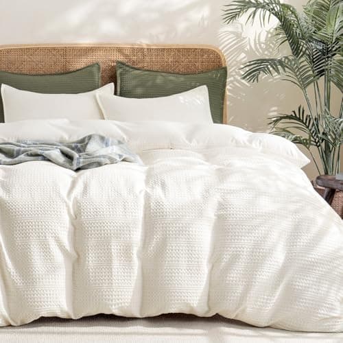 PHF Soft Waffle Duvet Cover Queen Size- Luxury Textured No Snagging Waffle Weave Duvet Cover(90"x90") with 2 Pillow Shams, 3 Pieces Breathable Bedding Set for All Season, Cream