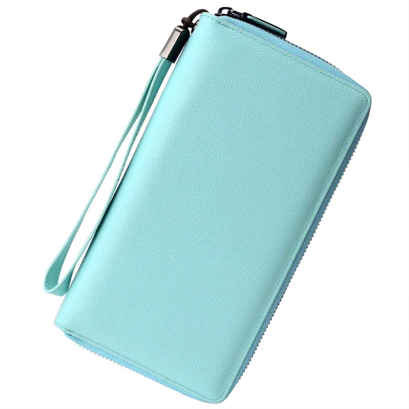 Bveyzi Women RFID Blocking Wallet Leather Zip Around Phone Clutch Large Capacity Ladies Travel Purse Wristlet Light Blue