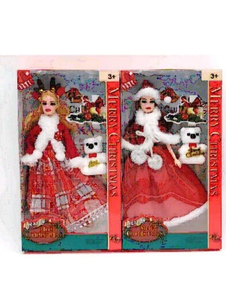 Set of 2 Christmas-Themed Fashion Dolls with Festive Santa Dresses, Accessories, and Plush Bears - Perfect Holiday Gift for Kids Aged 3 and Up