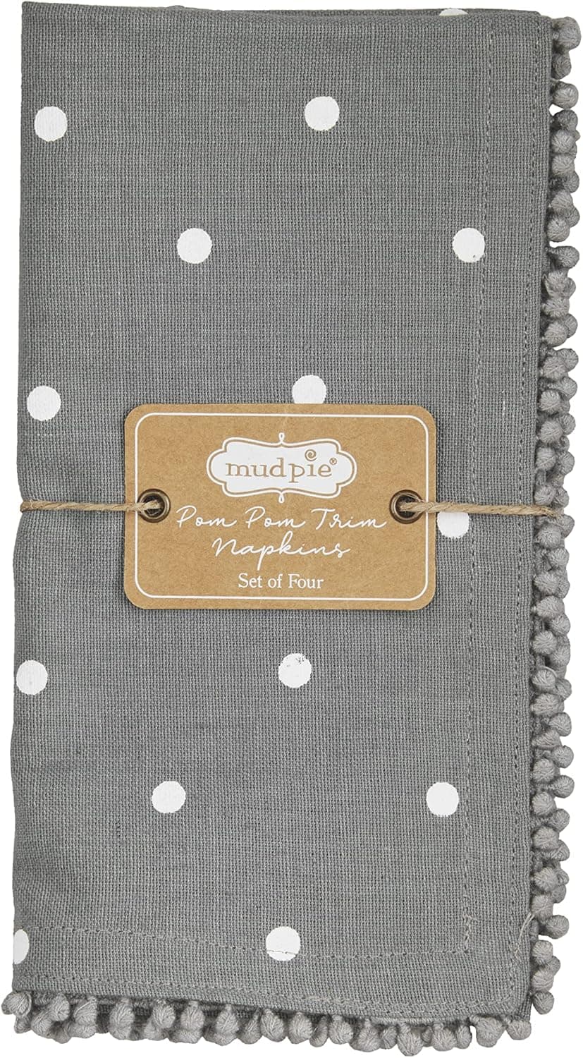 Mud Pie Gray Pom Cloth Napkin Set Dot 18 x 18