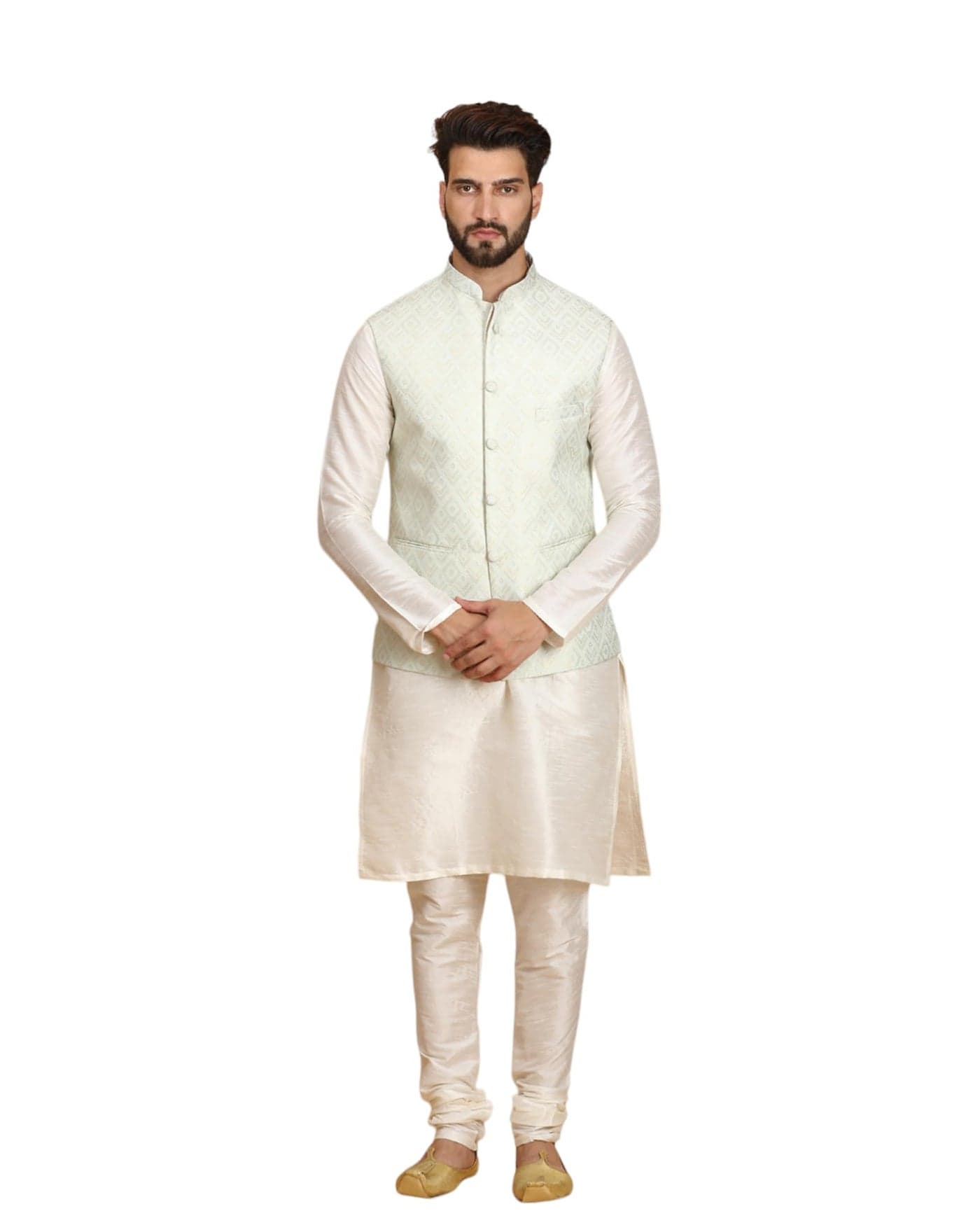 Ethluxis Men's Silk Blend Solid Kurta Set With Churidar Pyjama with Nehru Bandhgala Jacket (36, Off-White/Cyn)