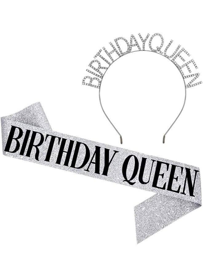 Birthday Crowns for Women, Birthday Queen Sash Rhinestone Headband Set, Sliver Glitter Birthday Sash Birthday Headband, Gifts for Girl Birthday Party Supplies
