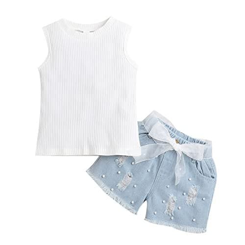 Hopscotch Girls Top Pearl Embellished Slim Fit Denim Shorts Set In White Color for Ages 3-4 Years